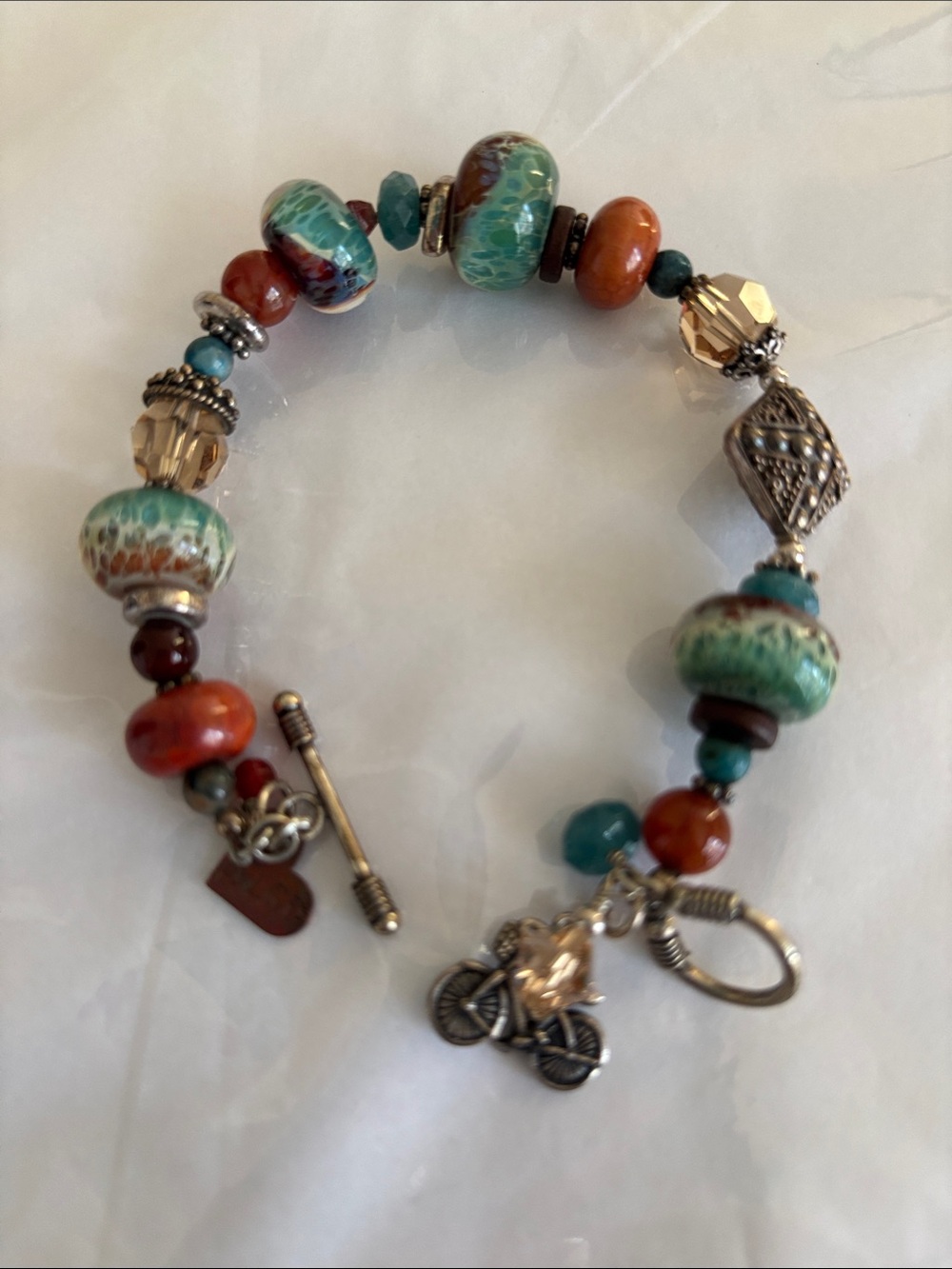 Turquoise & Coral Beaded Bracelet with Bicycle Accent